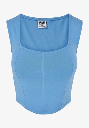 Top corto azzurro realizzato in tessuto elasticizzato, con scollatura quadrata e design senza cuciture con dettagli di cucitura visibili.
