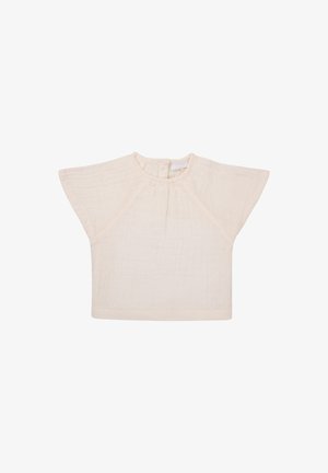Koszulka z krótkim rękawem, wykonana z lekkiego, fakturowanego materiału w kolorze kremowym. Posiada okrągły dekolt oraz plisowania z przodu.