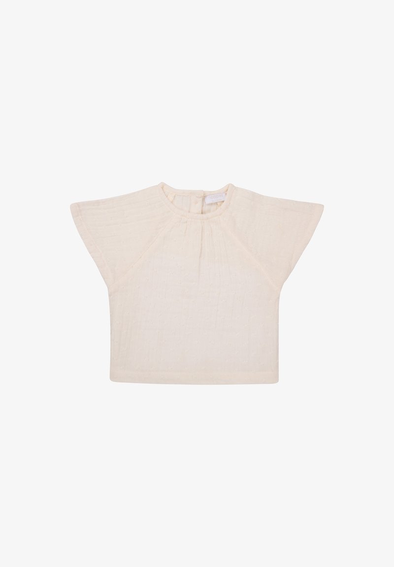 Korte mouwtop van lichtgewicht, gestructureerde stof in crème kleur. Kenmerkt zich door een ronde halslijn en geplooide details aan de voorkant.