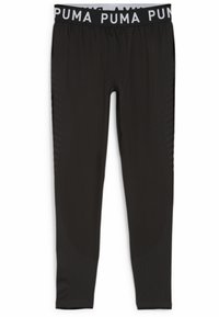 Leggings atléticos negros con un diseño texturizado en los lados y una ancha cinturilla elástica que presenta el logo de Puma en blanco.