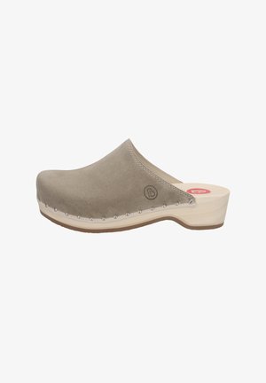 Gray suede clog with a rounded toe, wooden sole, and decorative metal studs along the edge. Logo on the side and smooth surface texture.