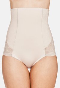 High-waisted shapewear in beige with smooth fabric and lace accents on the sides. Designed for body shaping and support.