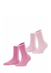 Set van vier gestreepte sokken in verschillende tinten roze, met een ribbelstructuur en witte biesdetails. Verschillende hoogtes, waaronder enkelsokken en crew-sokken.