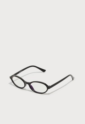 Black oval-frame glasses with translucent purple accents on the lenses. Frames have a matte finish and slender, straight temples.