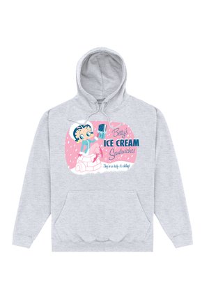 Jasnoszara bluza z kapturem z kieszenią z przodu, z kolorową grafiką przedstawiającą postać z kreskówki, lody i tekst w odcieniach niebieskiego i różowego.