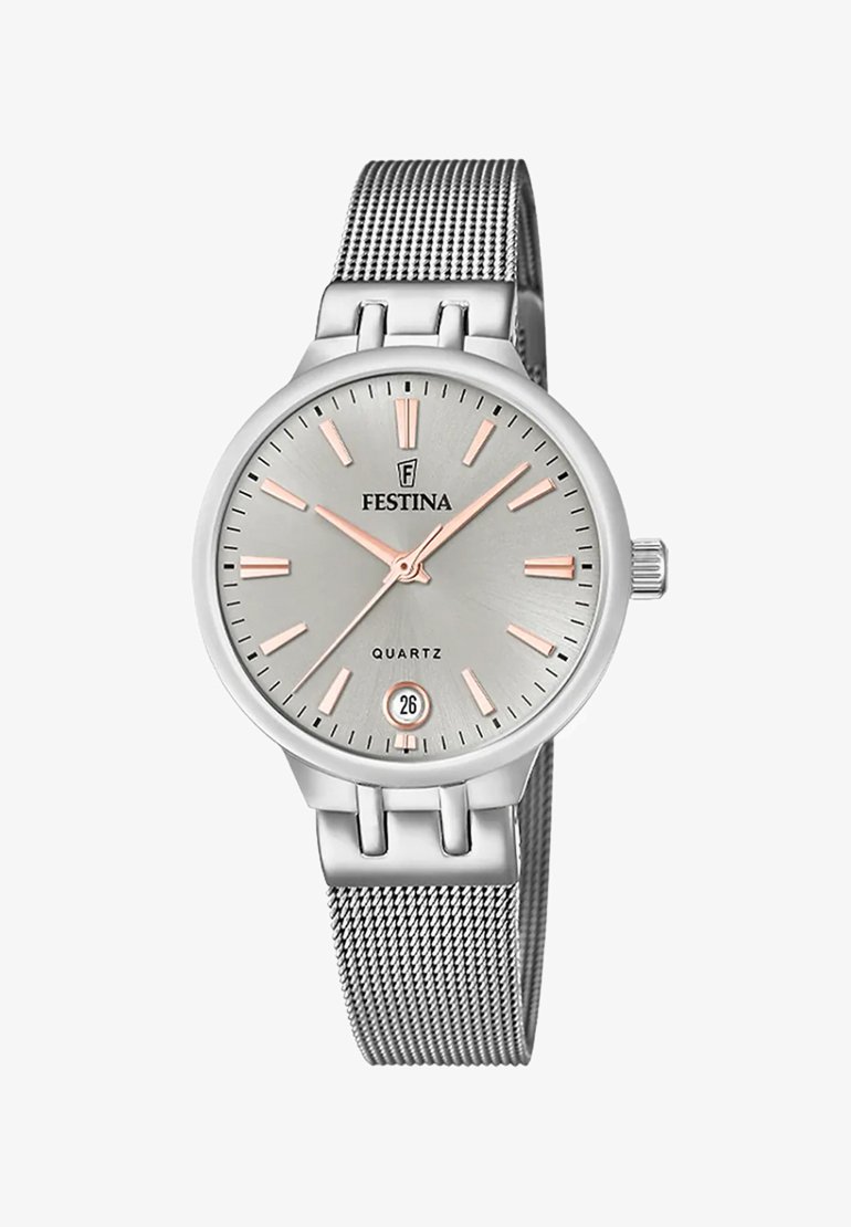 Silverfärgad kvartsarmbandsur med en grå cirkulär urtavla, roséguldaccents och mesharmband i rostfritt stål. Urtavlan har datumvisning och minimalistisk design.