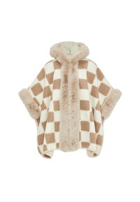 Poncho con cappuccio in finta pelliccia color crema con motivo a scacchi marrone, caratterizzato da una parte anteriore morbida, maniche larghe e una consistenza soffice.