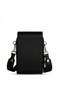Borsa a tracolla nera realizzata in materiale sintetico testurizzato. Presenta una patta frontale, una tracolla regolabile e dettagli in metallo.
