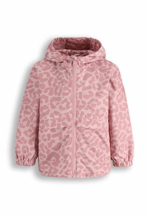 Różowa dziecięca kurtka z kapturem z jasnoróżowym abstrakcyjnym nadrukiem zwierzęcym, z zamkiem błyskawicznym z przodu, elastycznymi mankietami i dwoma przednimi kieszeniami.