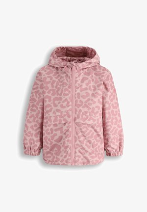 Różowa dziecięca kurtka z kapturem z jasnoróżowym abstrakcyjnym nadrukiem zwierzęcym, z zamkiem błyskawicznym z przodu, elastycznymi mankietami i dwoma przednimi kieszeniami.