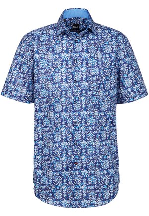 Camicia a maniche corte con un motivo floreale blu su uno sfondo blu navy, con un'apertura a bottoni sul davanti e un colletto azzurro a contrasto.