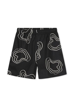 Fekete rövidnadrág fehér absztrakt kontúrmintával, könnyű anyagból készült, rugalmas derékpánttal a kényelem érdekében.