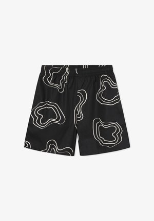 Fekete rövidnadrág fehér absztrakt kontúrmintával, könnyű anyagból készült, rugalmas derékpánttal a kényelem érdekében.