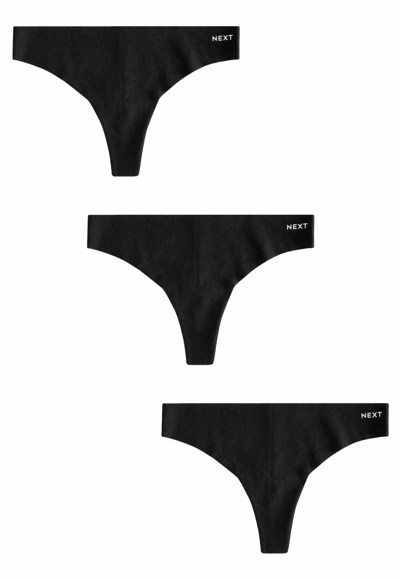 Tres pares de tangas negras exhibidos en una disposición vertical, cada uno con un logo blanco de "NEXT" en la banda elástica.