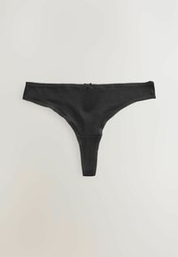 Zwarte katoenen string met kantafwerking. Heeft een klein strikaccent aan de voorkant. Soepele textuur, minimalistisch ontwerp.