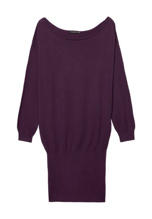 Violetter übergroßer Pullover mit weitem Ausschnitt, langen Ärmeln und geripptem Saum. Weiche Textur mit leicht lockerem Sitz.