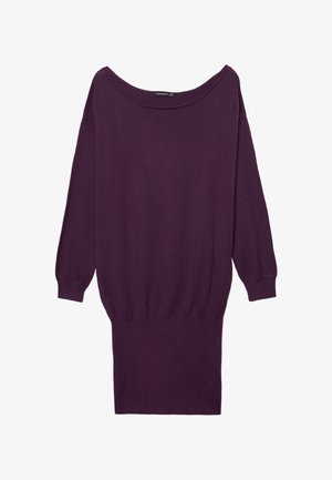 Violetter übergroßer Pullover mit weitem Ausschnitt, langen Ärmeln und geripptem Saum. Weiche Textur mit leicht lockerem Sitz.