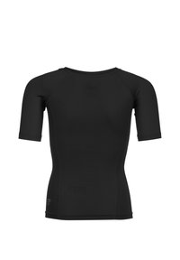 Maglietta sportiva nera a maniche corte realizzata in materiale testurizzato e elastico. Presenta un collo rotondo e un design aderente, con un piccolo logo sul lato inferiore.