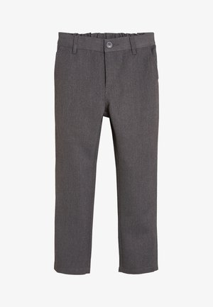 Pantalon gris foncé droit avec taille élastique et bouton, poches latérales et détails ajustés à l'avant.