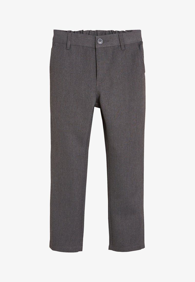 Pantalon gris foncé droit avec taille élastique et bouton, poches latérales et détails ajustés à l'avant.