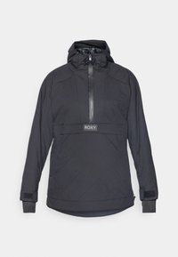 Black quilted pullover jacket with a high neck, zip closure, and adjustable drawstring hood. Features Roxy logo and Velcro cuffs.