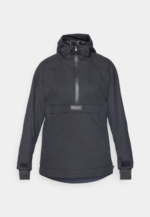 Black quilted pullover jacket with a high neck, zip closure, and adjustable drawstring hood. Features Roxy logo and Velcro cuffs.