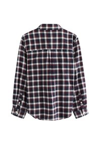 Camicia a maniche lunghe a quadri con controlli blu navy scuro, bordeaux e bianchi, con colletto a camicia e polsini abbottonati, realizzata in tessuto di cotone.