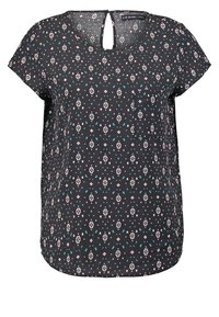 Blusa negra de manga corta con patrón geométrico en forma de diamante y triángulo en tonos teal y blanco, pequeño bolsillo frontal y cierre en la parte trasera con forma de ojo de cerradura.