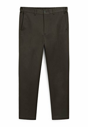 Pantaloni marroni scuri con una silhouette aderente, dotati di due tasche laterali, chiusura con bottone e una texture di tessuto liscia.