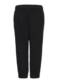 Černé kalhoty vyrobené z lehkého materiálu, s elastickým pasem a manžetami u kotníků pro volný střih. Žádné viditelné vzory nebo akcenty.