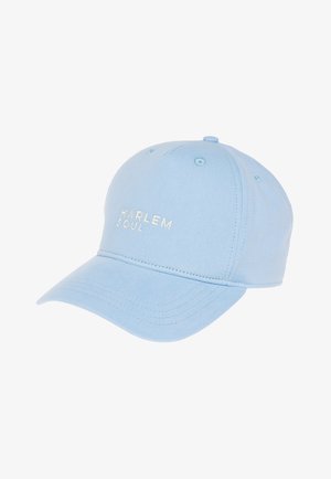 Light blue baseball cap made of cotton-blend fabric featuring embroidered "HARLEM SOUL" text in white, with a curved brim and ventilation eyelets.
