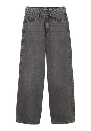 Bredde ben jeans i mørkegrå denim med høj talje, fem lommer og synlig syning. Stoffet har en glat tekstur.