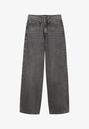 Jeans de pierna ancha en denim gris oscuro con una cintura alta, cinco bolsillos y costuras visibles. La tela tiene una textura suave.