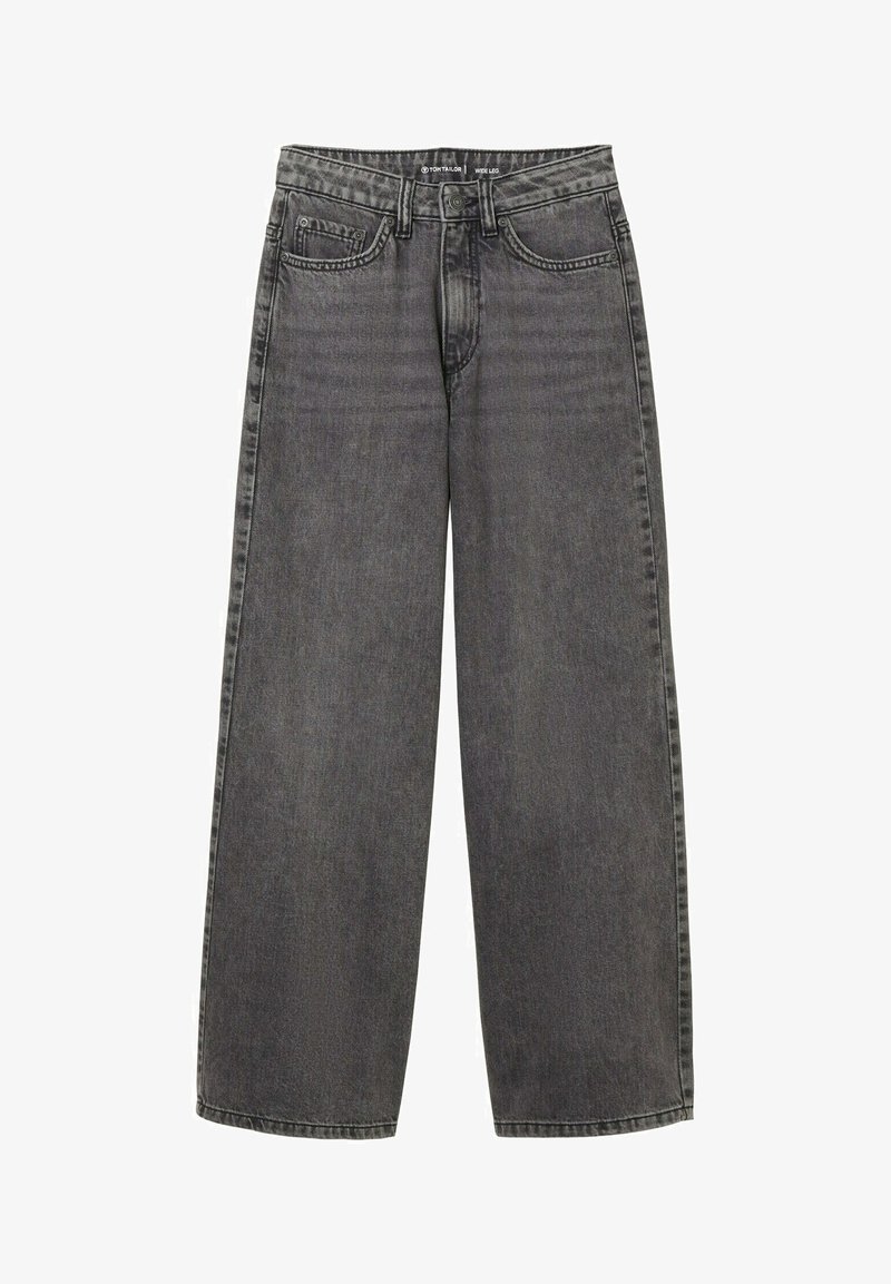 Jean évasés en denim gris foncé avec taille haute, cinq poches et couture visible. Le tissu a une texture lisse.