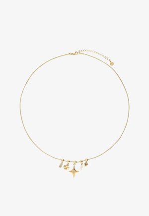 Gouden ketting met een flexibele schakel, versierd met vijf verschillende bedels, waaronder een ster, hart, klaver en twee decoratieve elementen.