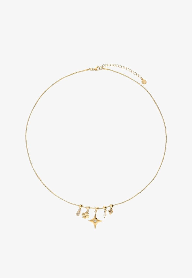 Gouden ketting met een flexibele schakel, versierd met vijf verschillende bedels, waaronder een ster, hart, klaver en twee decoratieve elementen.