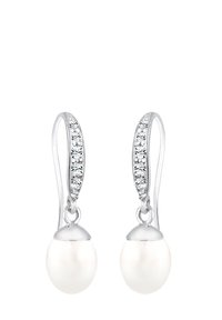 Boucles d'oreilles en argent avec une perle blanche lisse et un accent en cristal regroupé sur le crochet, présentant une finition polie et une forme ovale.