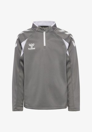 Szary sportowy top z długim rękawem z białymi akcentami w kształcie szewronów na ramionach, półzamkiem i logo Hummel na piersi.