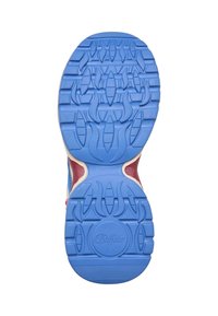 Sole di scarpa in gomma blu con modelli di grip testurizzati, caratterizzata da un logo circolare centrale e un accento rosso intorno all'area del tallone.