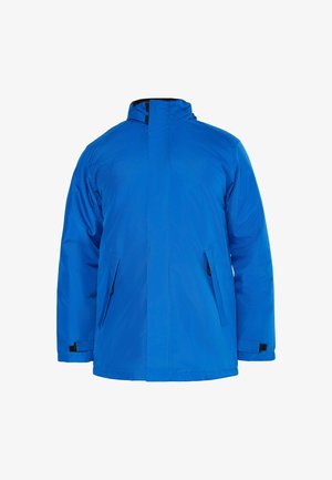 Heldere blauwe geïsoleerde winterjas met hoge kraag, vooraan een rits bedekt door een flap, twee zijzakken en verstelbare polsbanden.