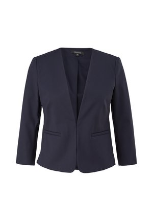 Blazer bleu marine avec un col en V, manches trois-quarts et deux poches avant. Fabriqué en tissu lisse, avec une coupe ajustée.