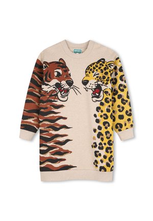 Robe pull beige avec visage de tigre et rayures côté gauche et visage de léopard avec taches côté droit, manches longues, encolure ronde.
