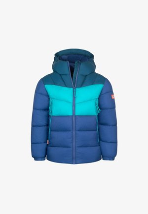 Blue and turquoise padded winter jacket with hood, front zipper, side pockets, and a small flag patch on the left sleeve.