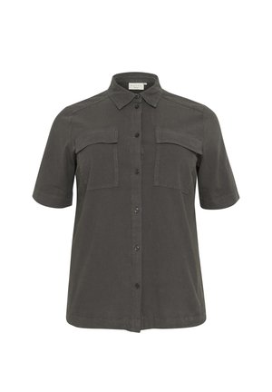 Short-sleeve, dark grey shirt in soft fabric with a collar, two chest pockets, and button closure, featuring subtle stitching details.