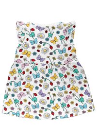 Weisses Kleid mit flatternden Ärmeln, das ein lebhaftes Blumen- und Schmetterlingsmuster in verschiedenen Farben wie Gelb, Rosa und Grün zeigt.