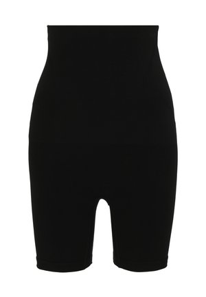 Zwarte shapewear shorts met een hoge taille, gemaakt van rekbare stof met een gladde textuur, voorzien van een uitsparing aan de onderkant van het voorbeen.