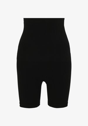 Zwarte shapewear shorts met een hoge taille, gemaakt van rekbare stof met een gladde textuur, voorzien van een uitsparing aan de onderkant van het voorbeen.