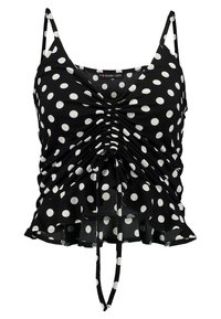 Top senza maniche nero con pois bianchi, parte anteriore arricciata, dettaglio con laccetto regolabile e orlo svasato. Realizzato in tessuto leggero.