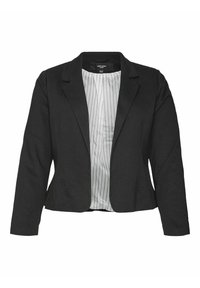 Blazer noir en tissu lisse, avec col cranté, manches longues et doublure blanche rayée. Coupe ajustée.