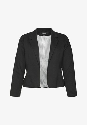 Black blazer made of smooth material, featuring a notched collar, long sleeves, and a white striped lining. Tailored fit.